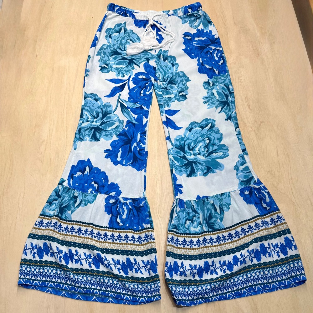 Venus Blue Floral Bell Bottom Pants Boho Lounge Palazzo Drawstring Tassel S‎